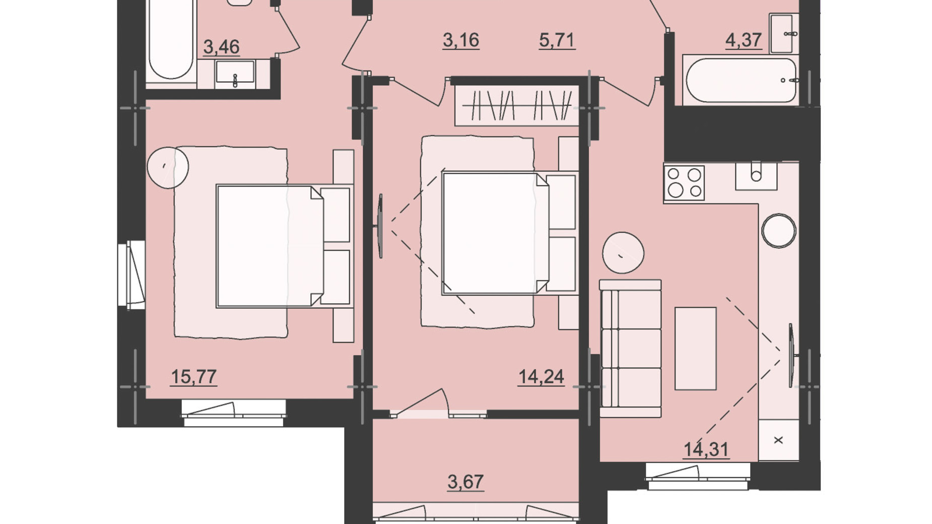 Планування 2-кімнатної квартири в ЖК Київський 64.69 м², фото 511324