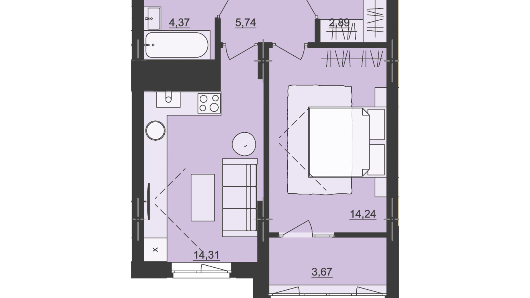 Планировка 1-комнатной квартиры в ЖК Киевский 45.22 м², фото 511326