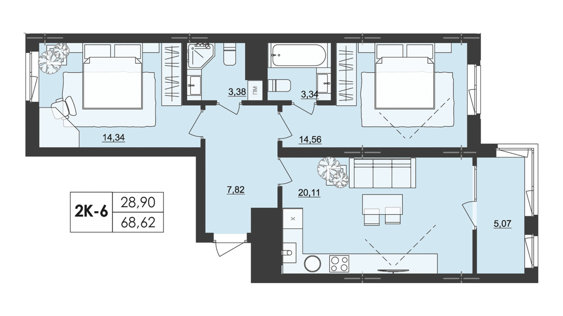 Планування 2-кімнатної квартири в ЖК Київський 68.62 м², фото 511327