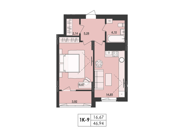 ЖК Київський: планування 1-кімнатної квартири 46.94 м²