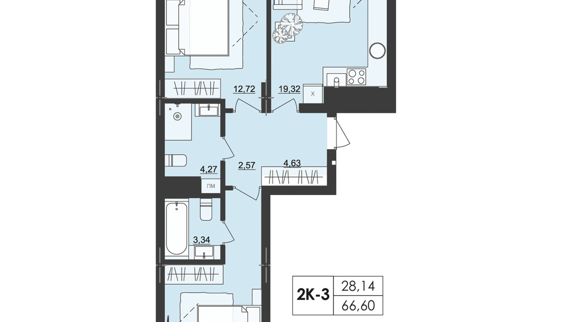 Планування 2-кімнатної квартири в ЖК Київський 66.6 м², фото 511330