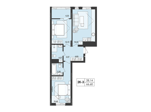 ЖК Київський: планування 2-кімнатної квартири 66.6 м²