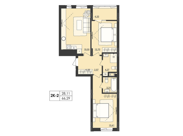 ЖК Київський: планування 2-кімнатної квартири 66.29 м²