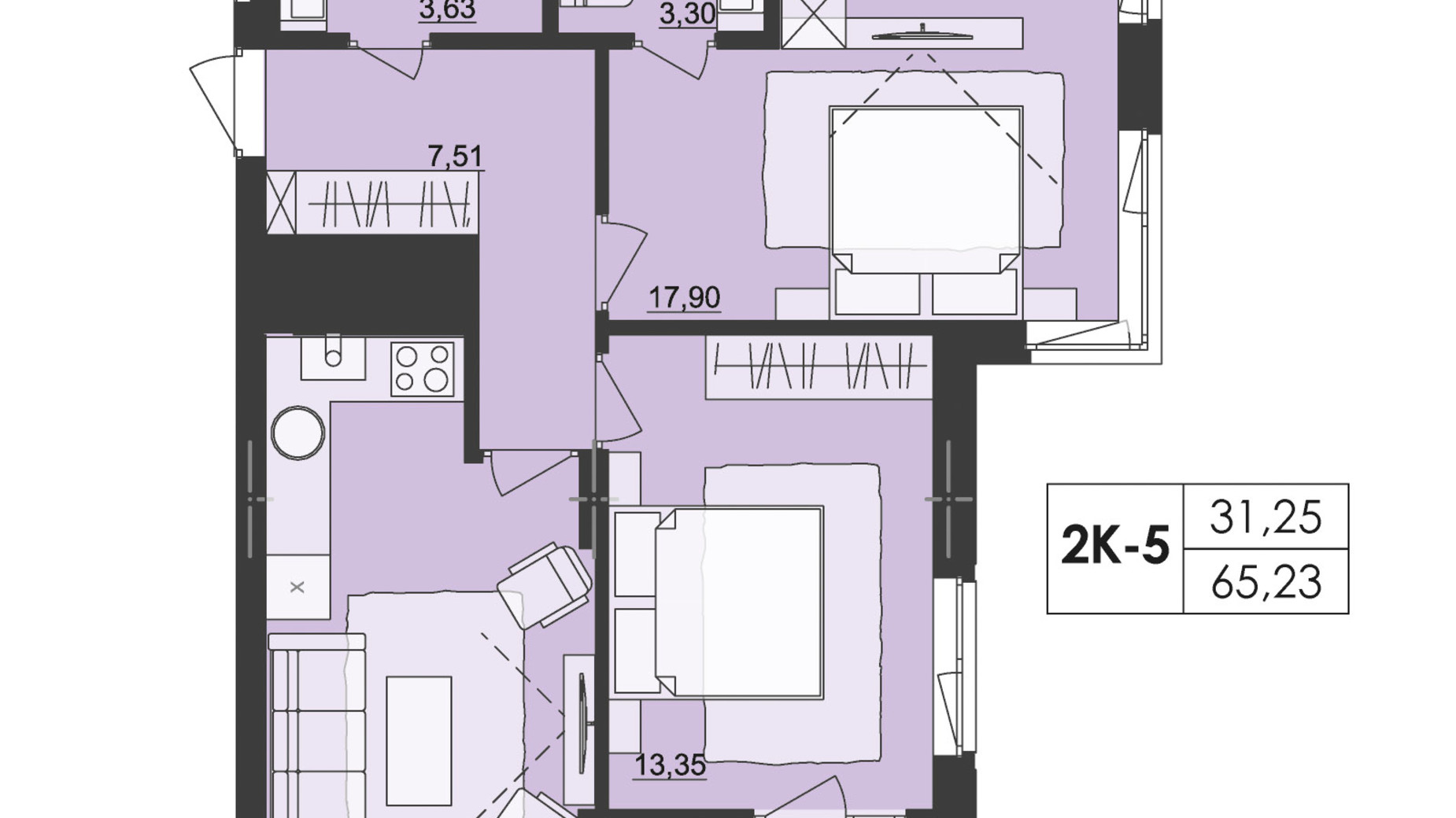 Планування 2-кімнатної квартири в ЖК Київський 65.23 м², фото 511333