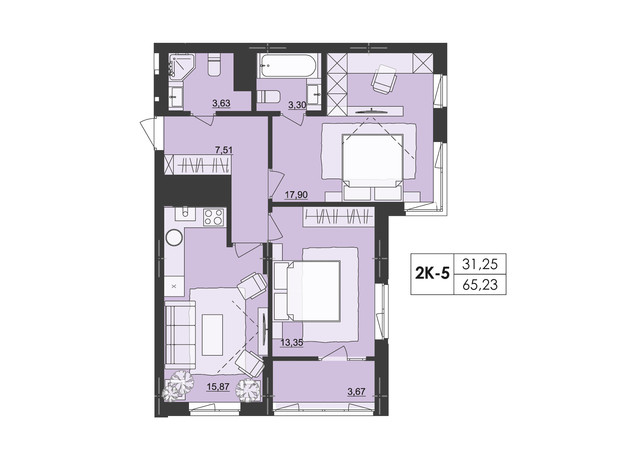 ЖК Київський: планування 2-кімнатної квартири 65.23 м²