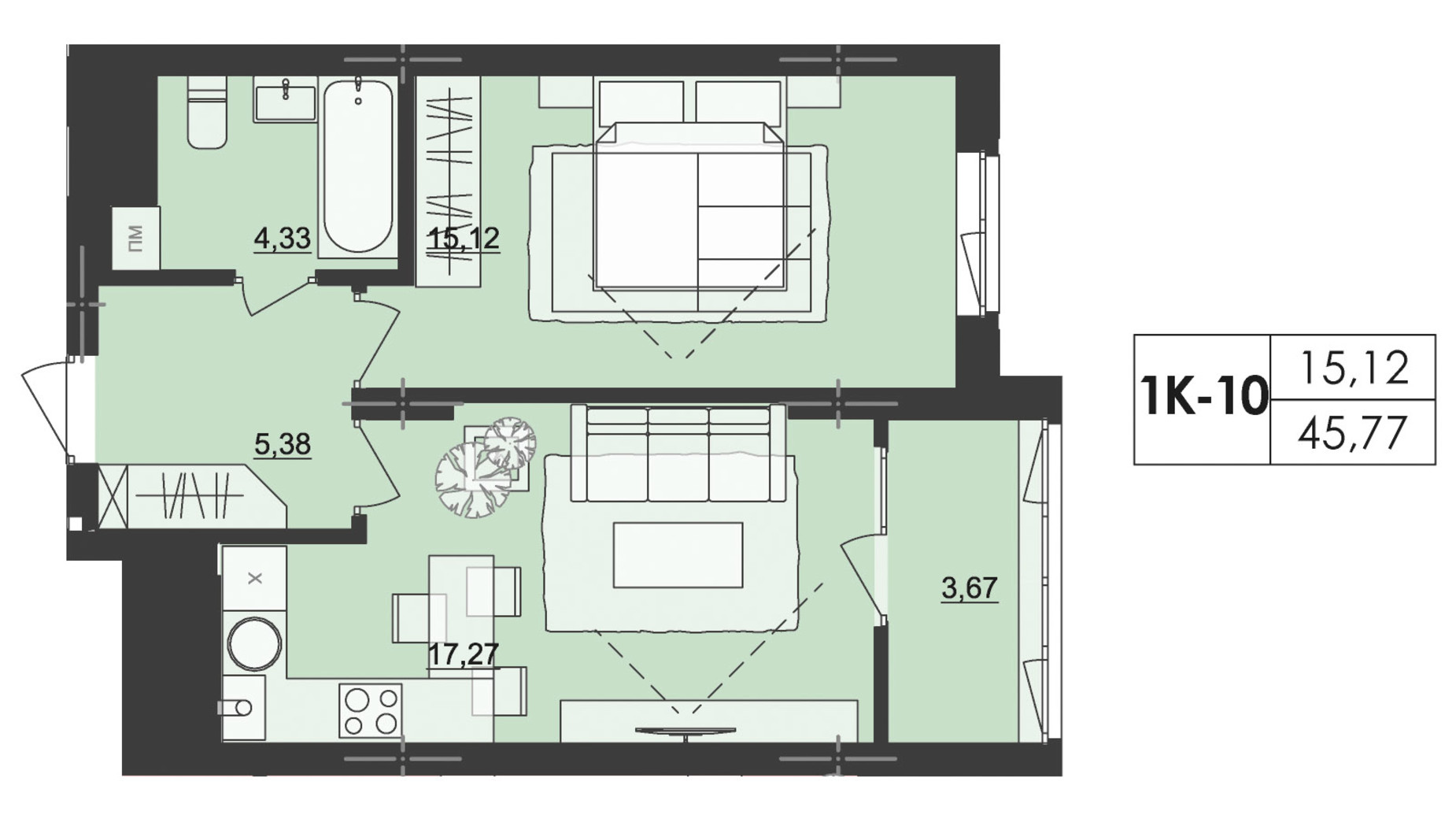 Планировка 1-комнатной квартиры в ЖК Киевский 45.77 м², фото 511334