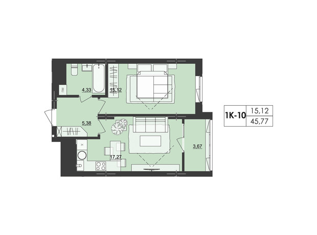 ЖК Київський: планування 1-кімнатної квартири 45.77 м²