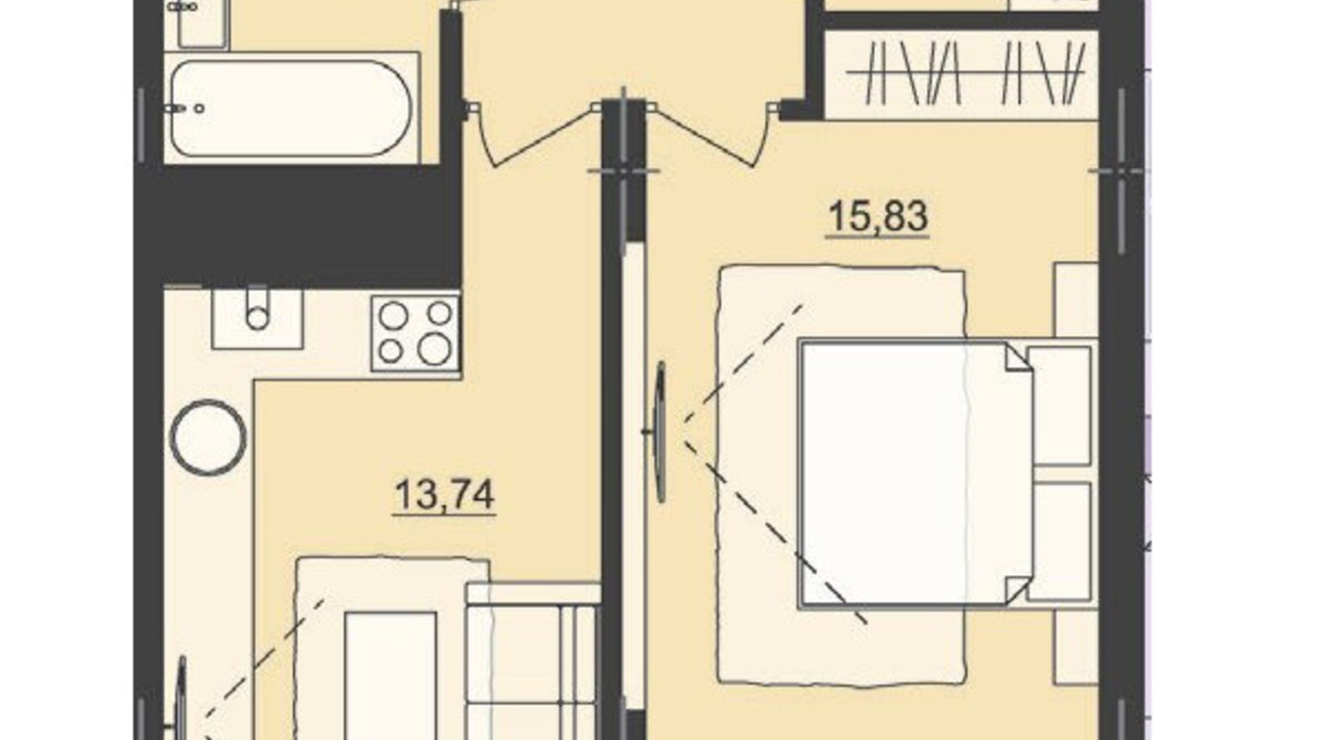 Планировка 1-комнатной квартиры в ЖК Киевский 46.31 м², фото 511487