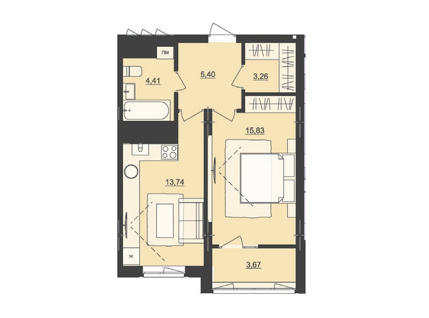 ЖК Київський: планування 1-кімнатної квартири 46.31 м²