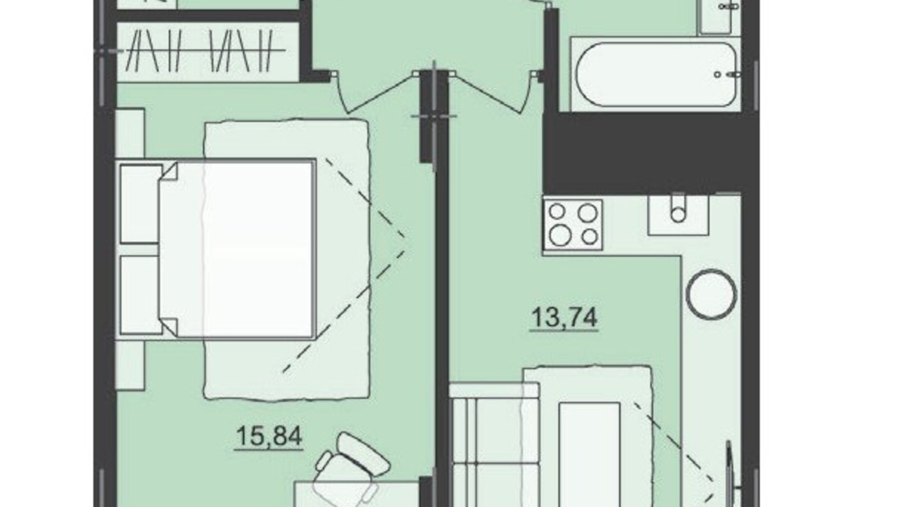 Планування 1-кімнатної квартири в ЖК Київський 46.43 м², фото 511488