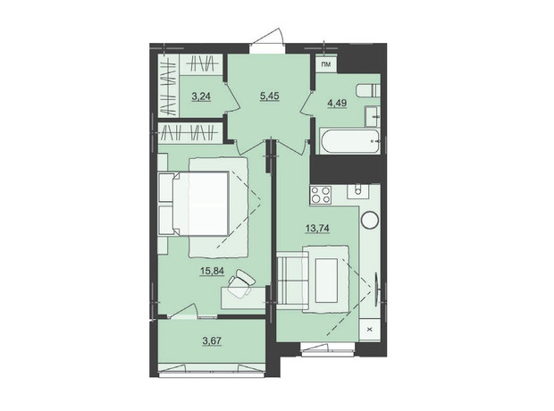 ЖК Киевский: планировка 1-комнатной квартиры 46.43 м²