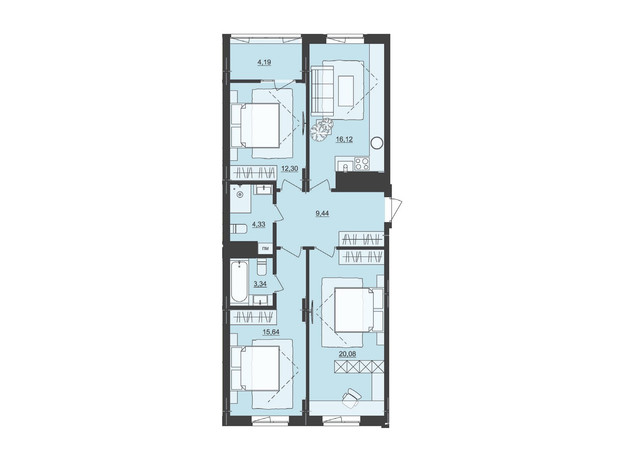 ЖК Киевский: планировка 3-комнатной квартиры 85.44 м²