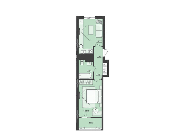 ЖК Київський: планування 1-кімнатної квартири 40.94 м²