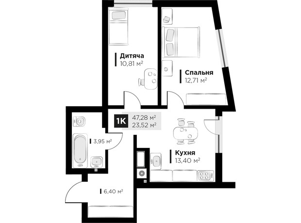 ЖК Feel House: планировка 2-комнатной квартиры 47.28 м²
