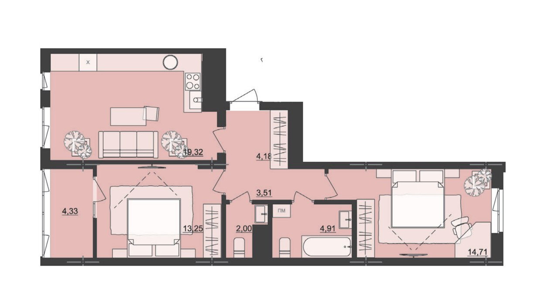 Планировка 2-комнатной квартиры в ЖК Киевский 66.21 м², фото 511855