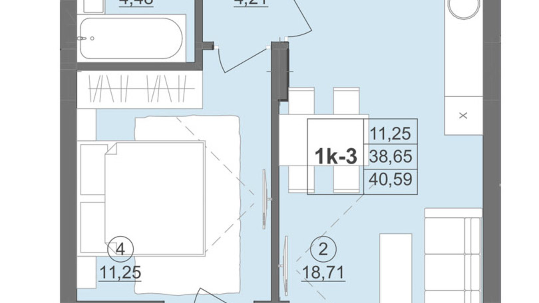 Планировка 1-комнатной квартиры в ЖК Киевский 42.63 м², фото 511885