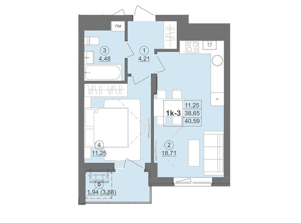 ЖК Киевский: планировка 1-комнатной квартиры 42.63 м²