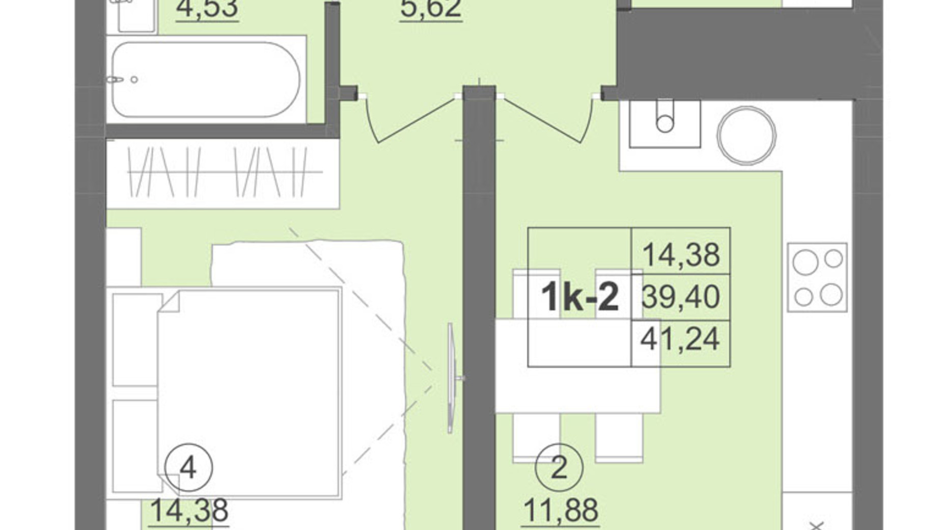 Планировка 1-комнатной квартиры в ЖК Киевский 43.39 м², фото 511886