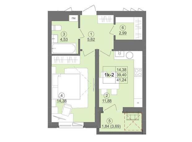 ЖК Київський: планування 1-кімнатної квартири 43.39 м²