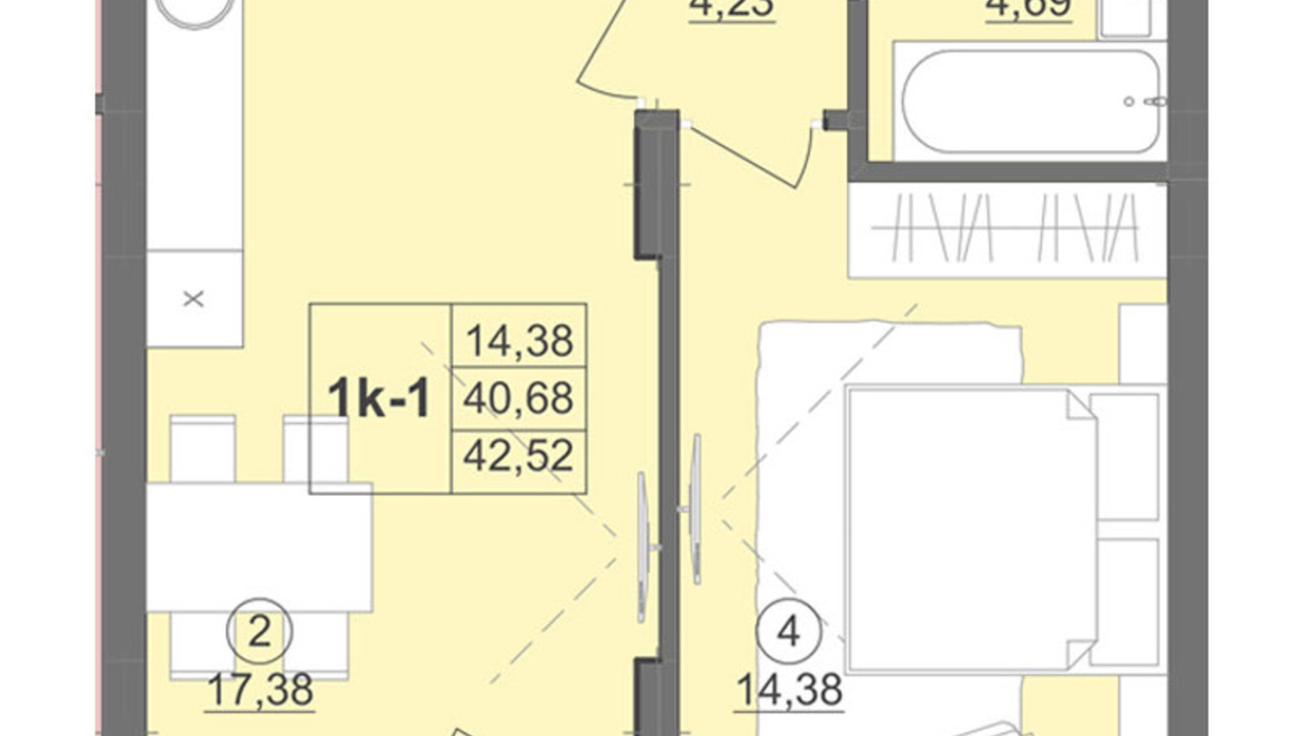 Планування 1-кімнатної квартири в ЖК Київський 45.06 м², фото 511896