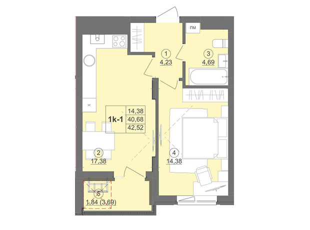 ЖК Київський: планування 1-кімнатної квартири 45.06 м²