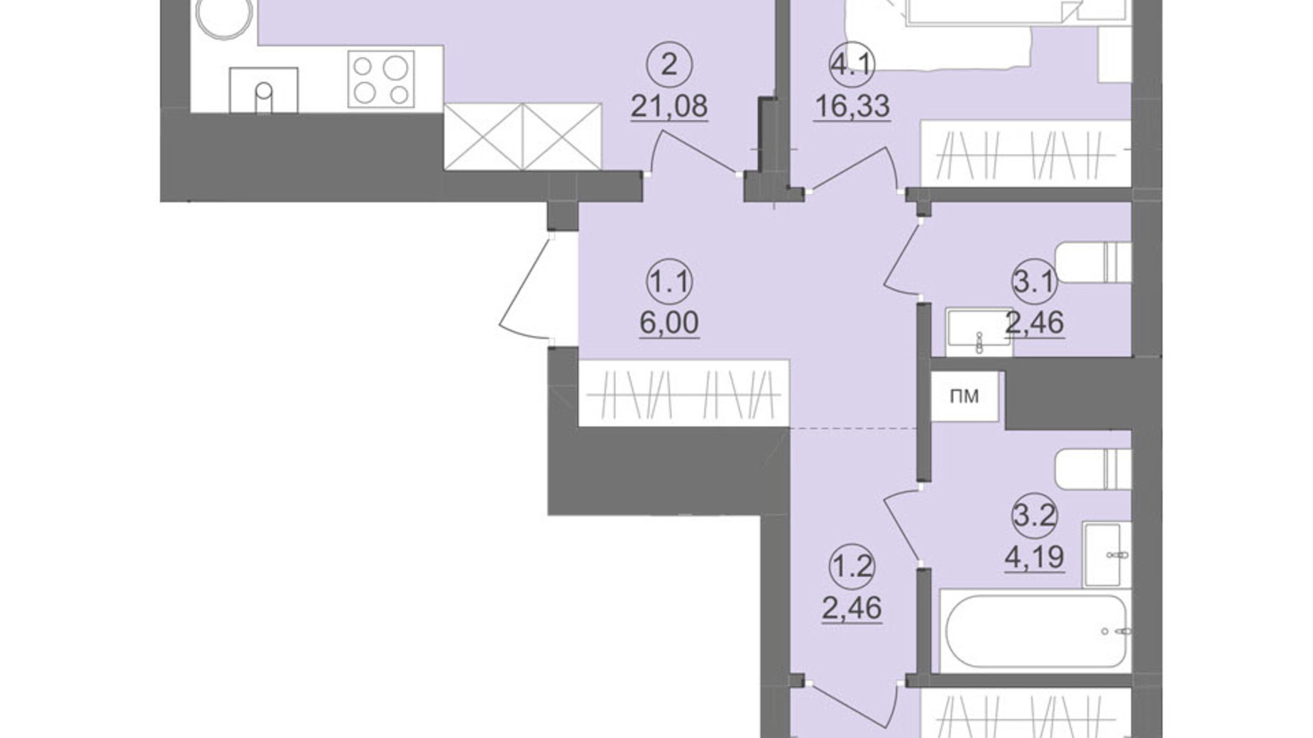 Планировка 2-комнатной квартиры в ЖК Киевский 70.51 м², фото 511903