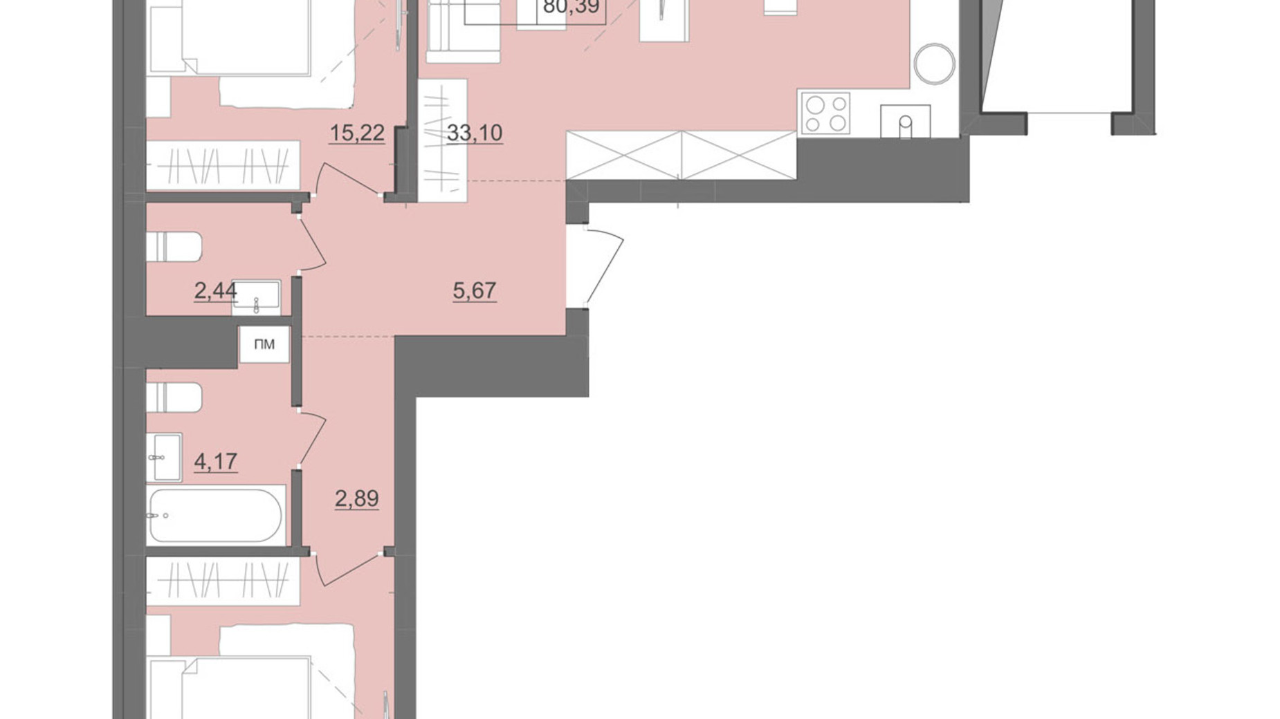 Планировка 3-комнатной квартиры в ЖК Киевский 83.56 м², фото 511904