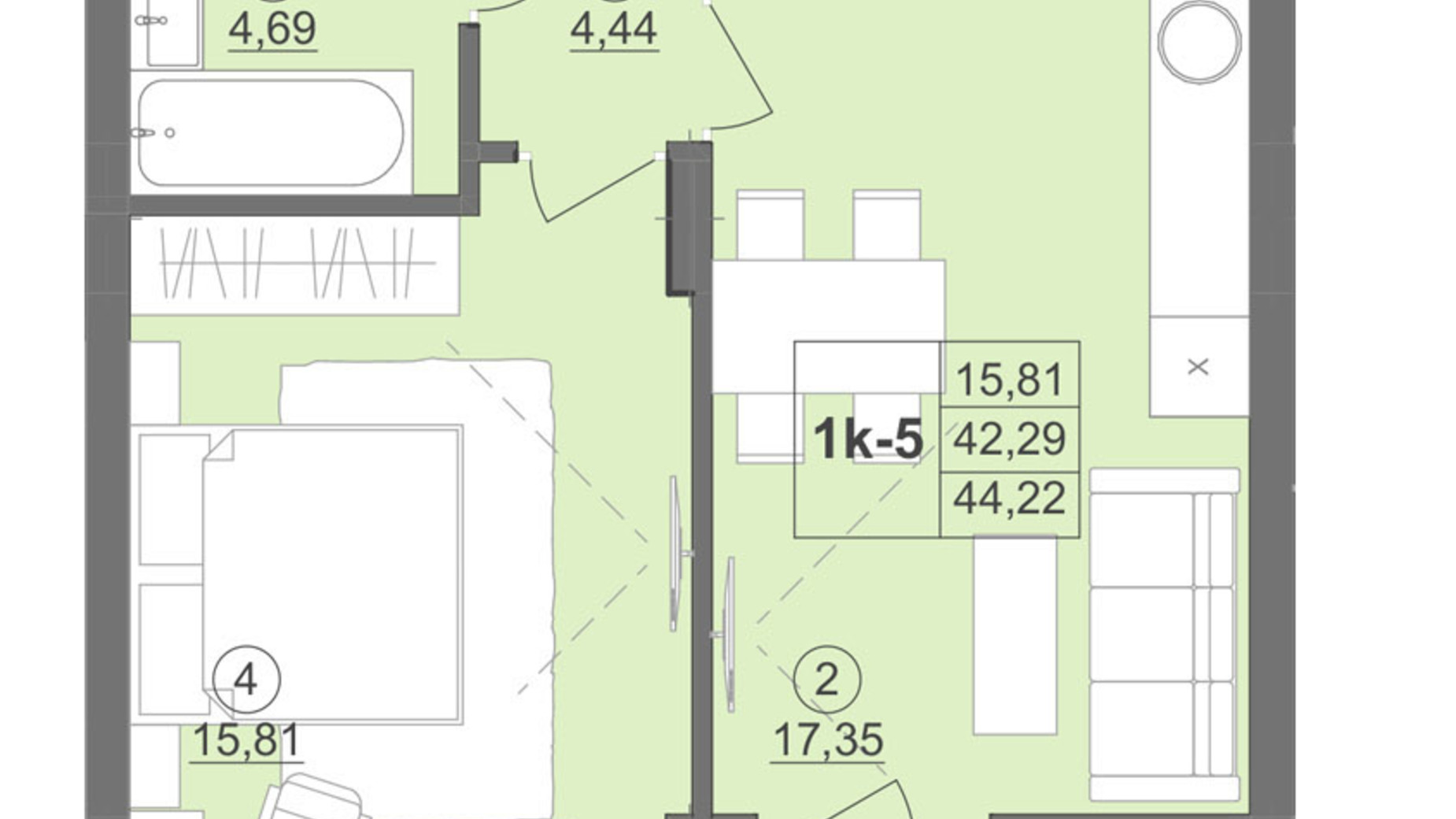 Планування 1-кімнатної квартири в ЖК Київський 46.53 м², фото 511908