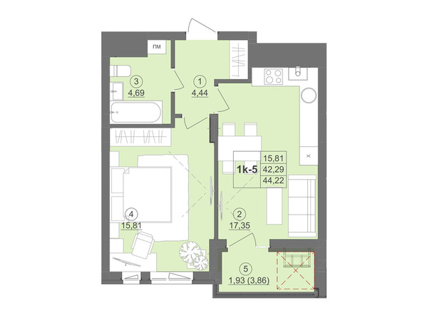 ЖК Київський: планування 1-кімнатної квартири 46.53 м²