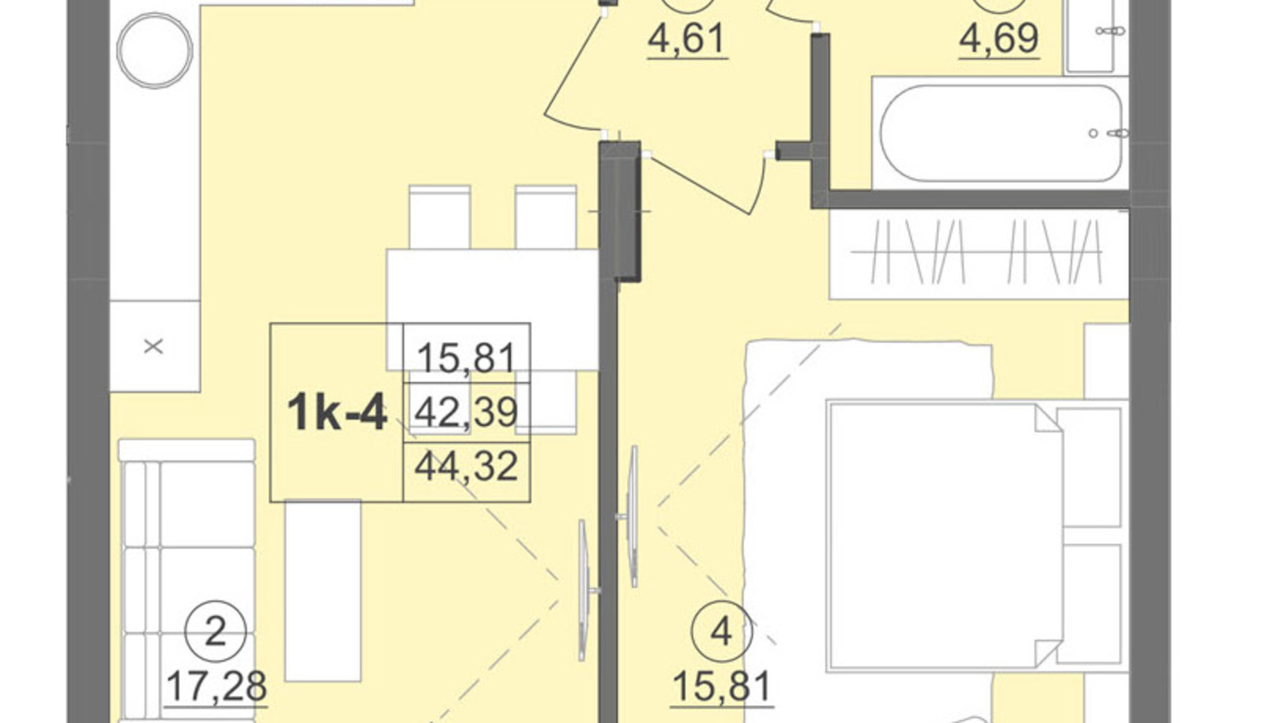 Планировка 1-комнатной квартиры в ЖК Киевский 46.64 м², фото 511909