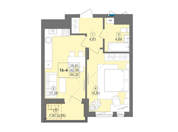 ЖК Київський: планування 1-кімнатної квартири 46.64 м²