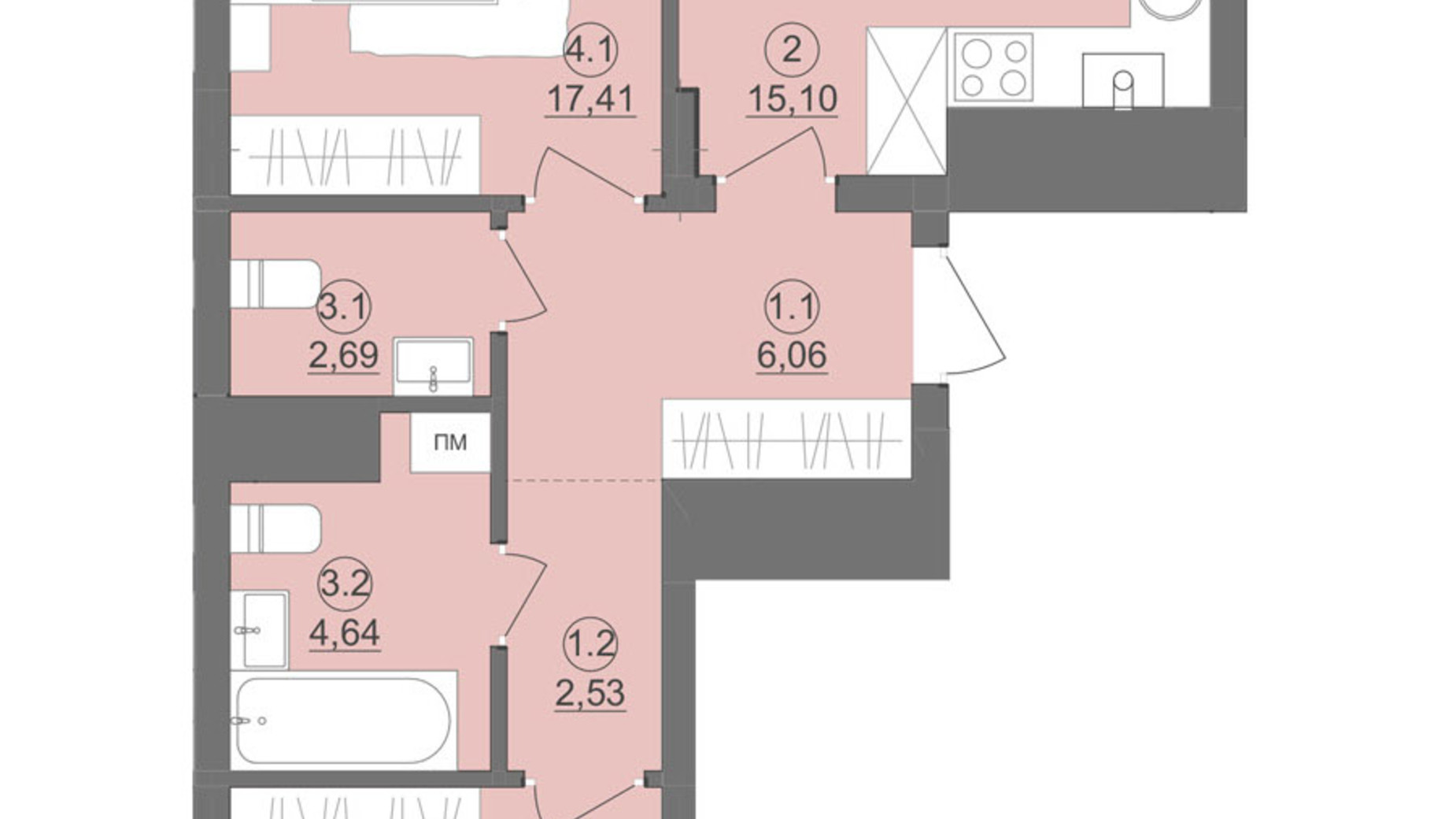 Планировка 2-комнатной квартиры в ЖК Киевский 68.53 м², фото 511910