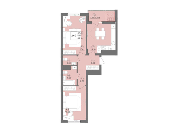 ЖК Київський: планування 2-кімнатної квартири 68.53 м²