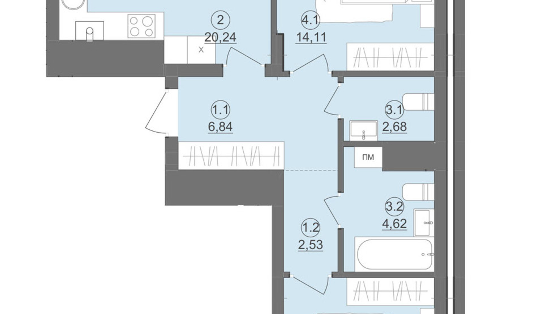 Планировка 2-комнатной квартиры в ЖК Киевский 70.28 м², фото 511911