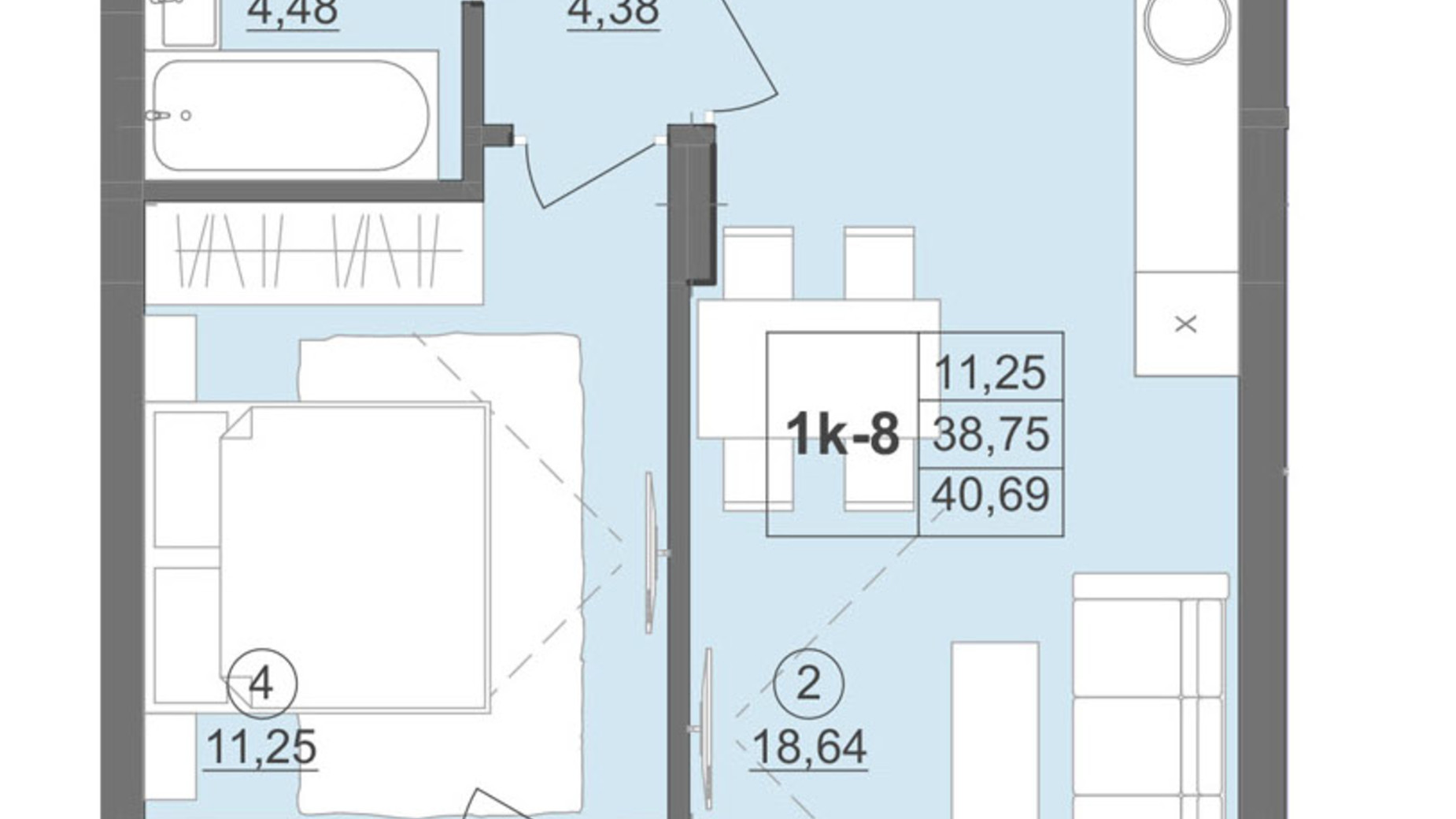 Планировка 1-комнатной квартиры в ЖК Киевский 42.73 м², фото 511914