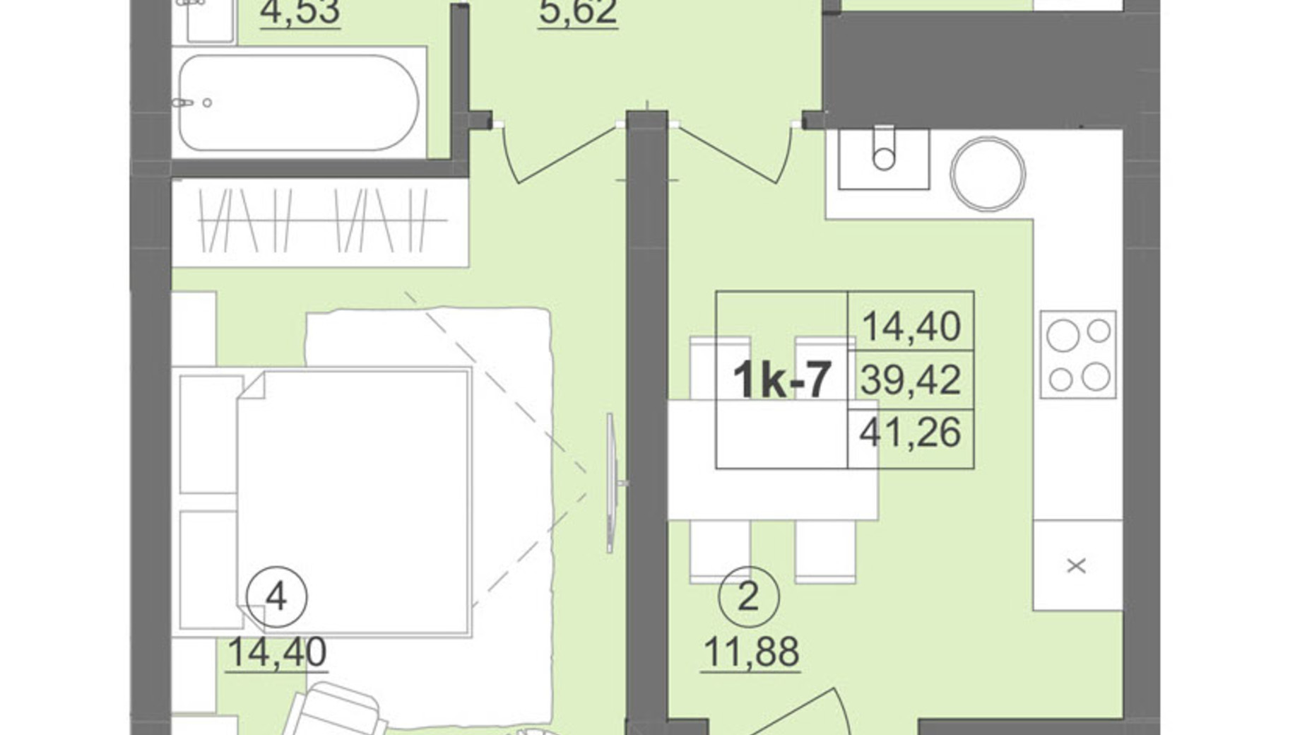 Планування 1-кімнатної квартири в ЖК Київський 43.39 м², фото 511915