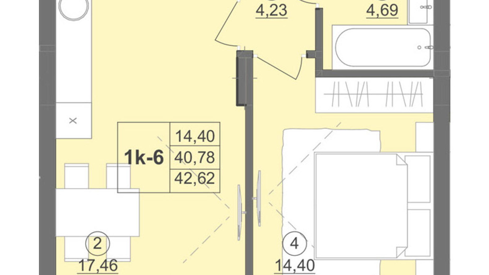 Планування 1-кімнатної квартири в ЖК Київський 44.76 м², фото 511916