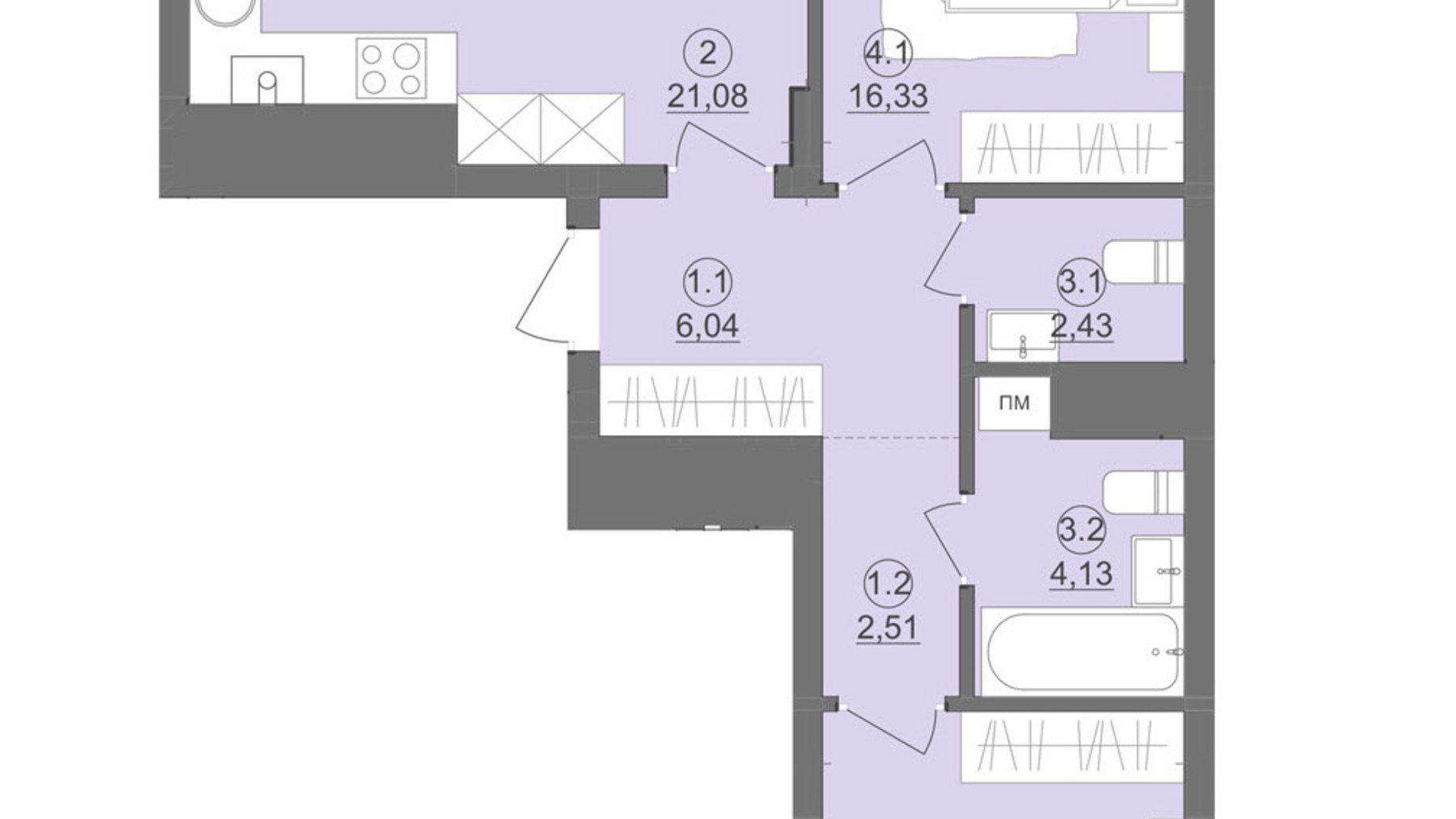 Планировка 2-комнатной квартиры в ЖК Киевский 73.85 м², фото 511917