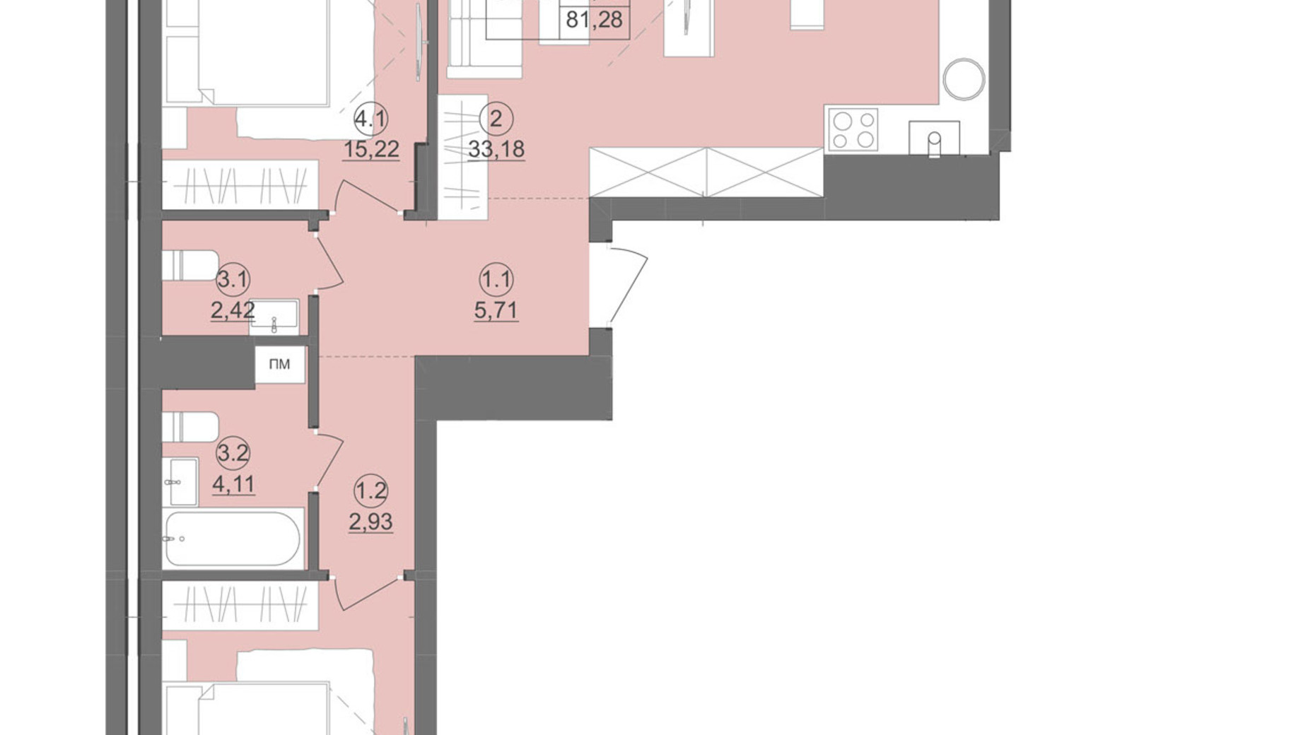 Планировка 3-комнатной квартиры в ЖК Киевский 83.25 м², фото 511918