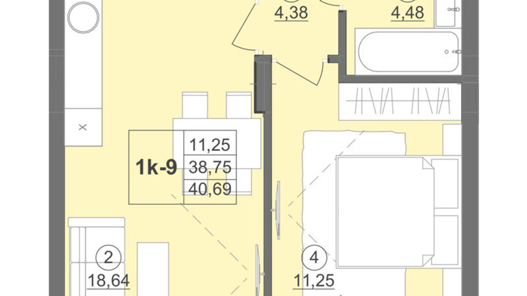 Планування 1-кімнатної квартири в ЖК Київський 42.72 м², фото 511931