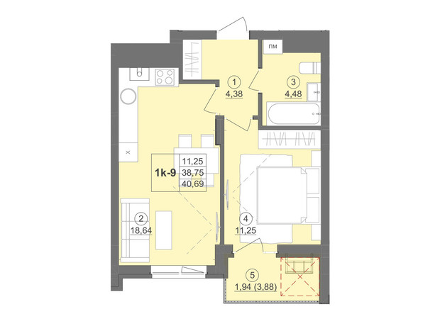 ЖК Киевский: планировка 1-комнатной квартиры 42.72 м²