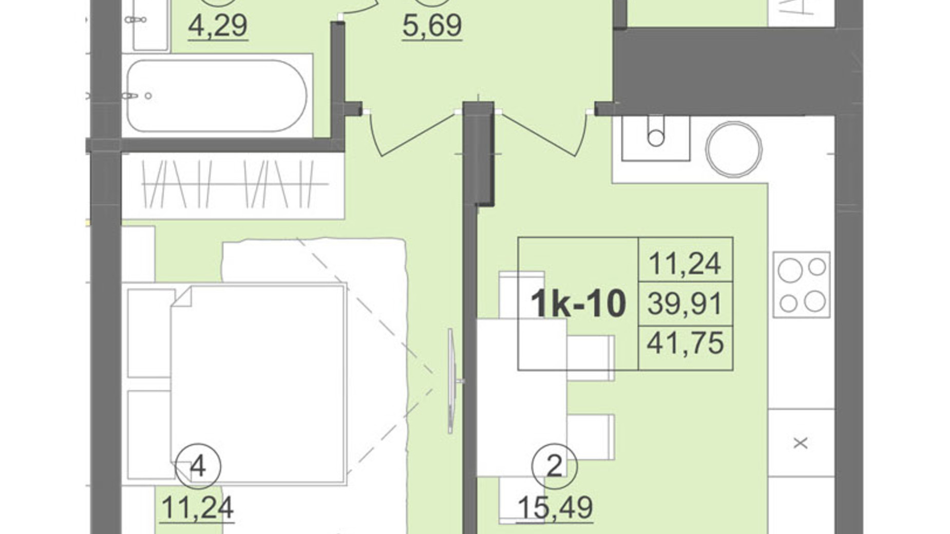 Планування 1-кімнатної квартири в ЖК Київський 43.88 м², фото 511932