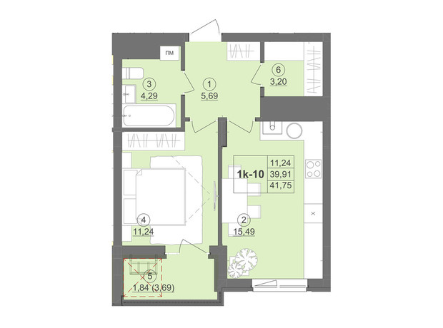 ЖК Київський: планування 1-кімнатної квартири 43.88 м²