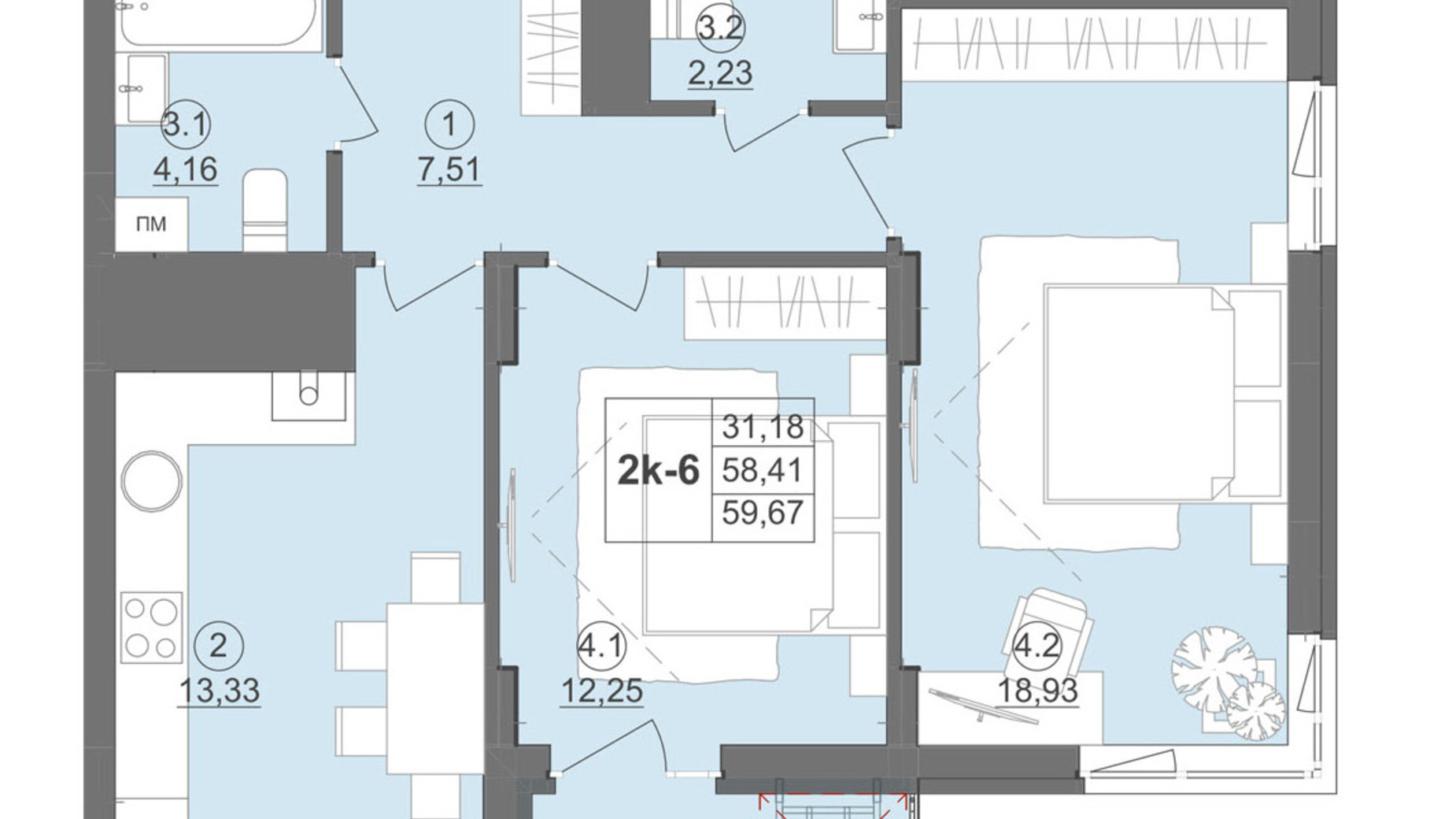 Планировка 2-комнатной квартиры в ЖК Киевский 62.82 м², фото 511933