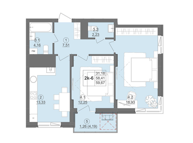 ЖК Киевский: планировка 2-комнатной квартиры 62.82 м²