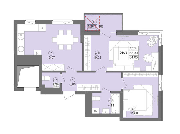 ЖК Киевский: планировка 2-комнатной квартиры 67.39 м²