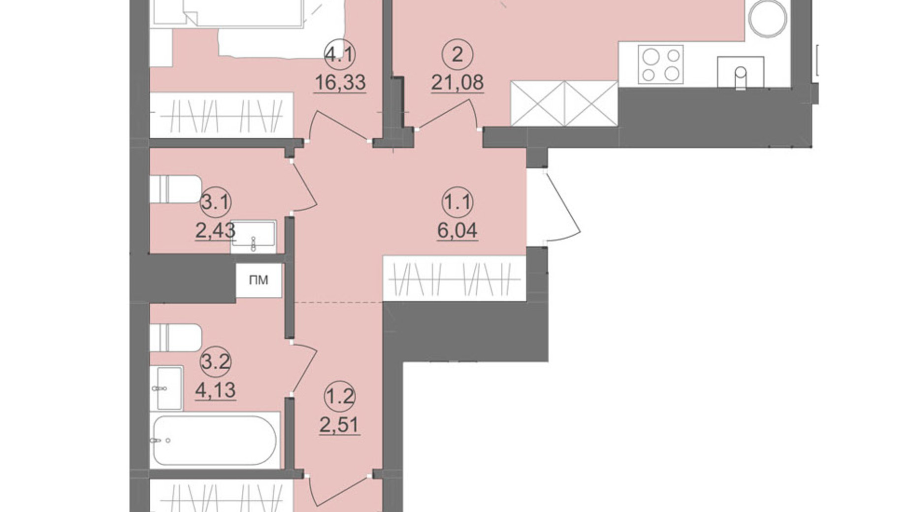Планировка 2-комнатной квартиры в ЖК Киевский 73.85 м², фото 511935