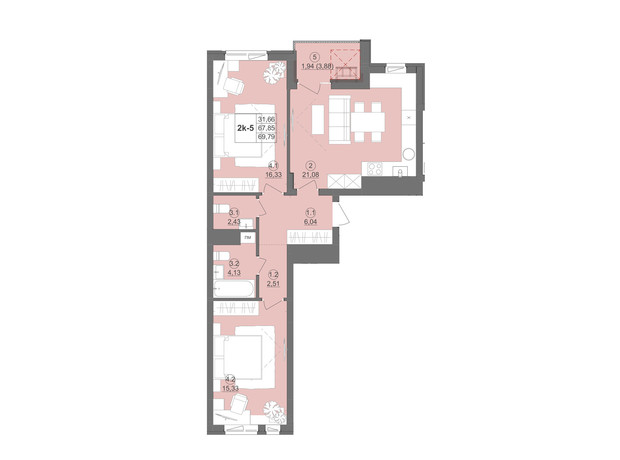 ЖК Киевский: планировка 2-комнатной квартиры 73.85 м²