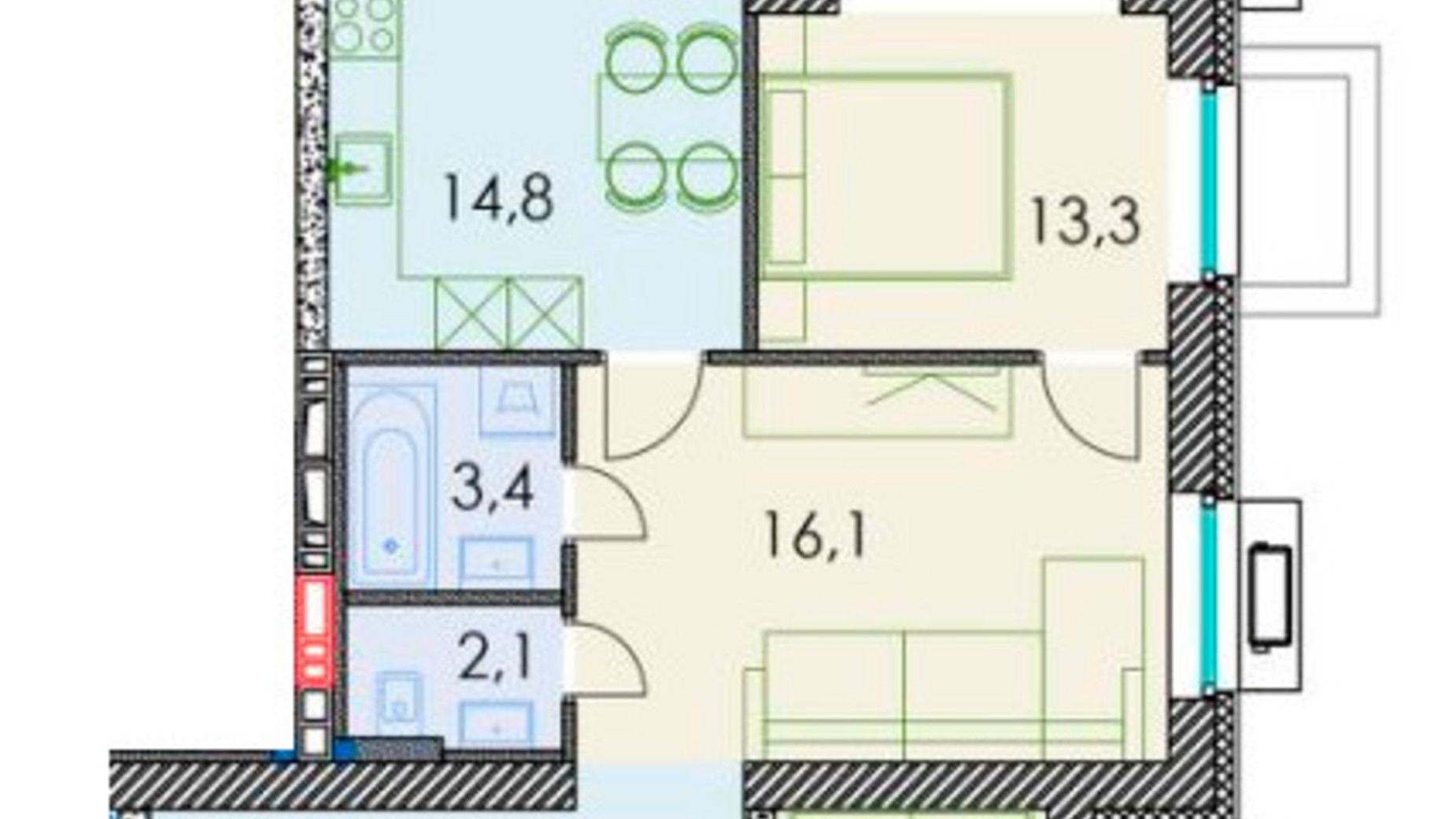 Планування 2-кімнатної квартири в ЖК Forest hill 60.6 м², фото 512032