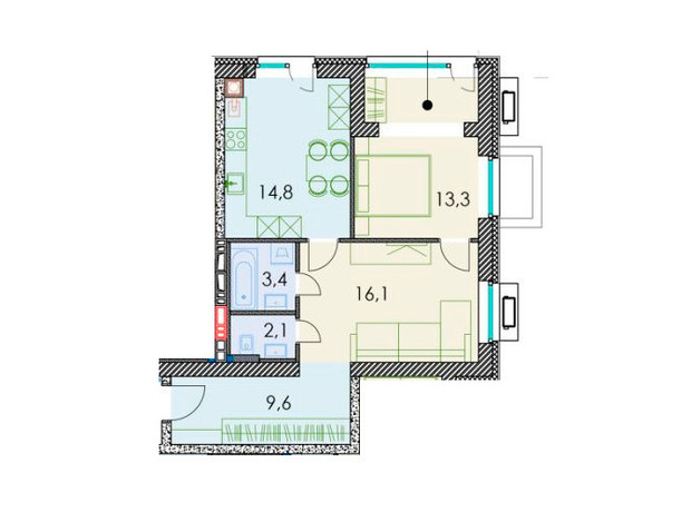 ЖК Forest hill: планування 2-кімнатної квартири 60.6 м²